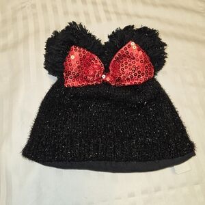 Disney Store Girl's Minnie Mouse Beanie fuzzy pompom ears and red sequin bow